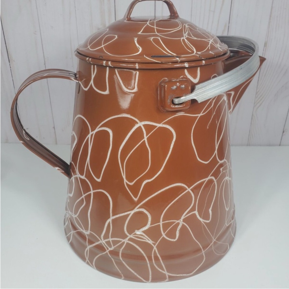 Vintage Enamel Coffee Pot with White Swirl Pattern